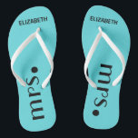 Brides Reception Personalised Flip Flops<br><div class="desc">A cute addition to your destination beach or poolside wedding! Dance the night away in these comfortable bridle flip flops. Sample background colour is a Tiffany, aqua blue-click "customise it" to change colour. The word "Mrs.", in black with the brides name personalised. To see matching groom's flip flops- Please visit...</div>