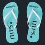 Brides Reception Personalised Flip Flops<br><div class="desc">A cute addition to your destination beach or poolside wedding! Dance the night away in these comfortable bridle flip flops. Sample background colour is a Tiffany, aqua blue-click "customise it" to change colour. The word "Mrs.", in black with the brides name personalised. To see matching groom's flip flops- Please visit...</div>