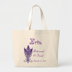BRIDESMAID and FRIEND Purple Peacock Feathers Large Tote Bag