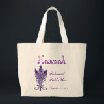 BRIDESMAID and NIECE or ANY Role Peacock Feathers Large Tote Bag<br><div class="desc">This custom wedding tote bag with its purple peacock feathers and a place to put a name,  wedding role,  and wedding date makes a sweet wedding gift for the woman members of your wedding party.  Personalise with her name and date!</div>
