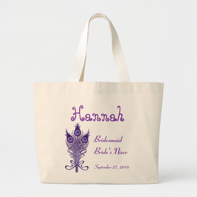 BRIDESMAID and NIECE or ANY Role Peacock Feathers Large Tote Bag (Front)