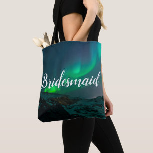 Bridesmaid Aurora Lights Script Elegant Wedding Tote Bag
