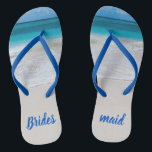 Bridesmaid Beach Wedding Flip Flops<br><div class="desc">Bridesmaid's flip flops with a photo of a white sandy beach and turquoise ocean water.  Brides maid done in blue text is fully customisable to suit your needs.</div>