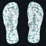 Bridesmaid Beach Wedding | Floral White Lace Aqua Flip Flops<br><div class="desc">Personalised, romantic floral lace beach wedding flip flop sandals- Faux vintage style, floral white lace on beachy feel, turquoise background. Name of bridesmaid at top in curved, elegant style, script letters. Bridesmaid is printed down the middle in modern lettering. Change to fit bridal party members, such as bride, flower girl...</div>