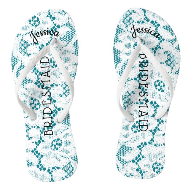 Bridesmaid Beach Wedding | Floral White Lace Aqua Flip Flops (Footbed)