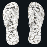 Bridesmaid Beach Wedding Floral White Lace Burlap Flip Flops<br><div class="desc">Personalised, romantic floral lace, rustic beach wedding flip flop sandals- Faux vintage style, floral white lace on rustic burlap look background. Name of bridesmaid at top in curved, elegant style, script letters. Bridesmaid is printed down the middle in modern lettering. Change to fit bridal party members, such as bride, flower...</div>