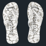 Bridesmaid Beach Wedding Floral White Lace Burlap Flip Flops<br><div class="desc">Personalised, romantic floral lace, rustic beach wedding flip flop sandals- Faux vintage style, floral white lace on rustic burlap look background. Name of bridesmaid at top in curved, elegant style, script letters. Bridesmaid is printed down the middle in modern lettering. Change to fit bridal party members, such as bride, flower...</div>