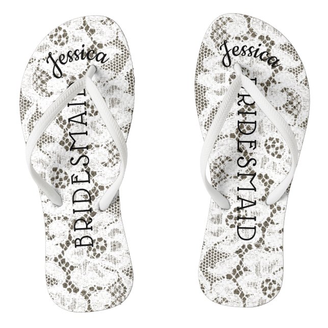 Bridesmaid Beach Wedding Floral White Lace Burlap Flip Flops (Footbed)