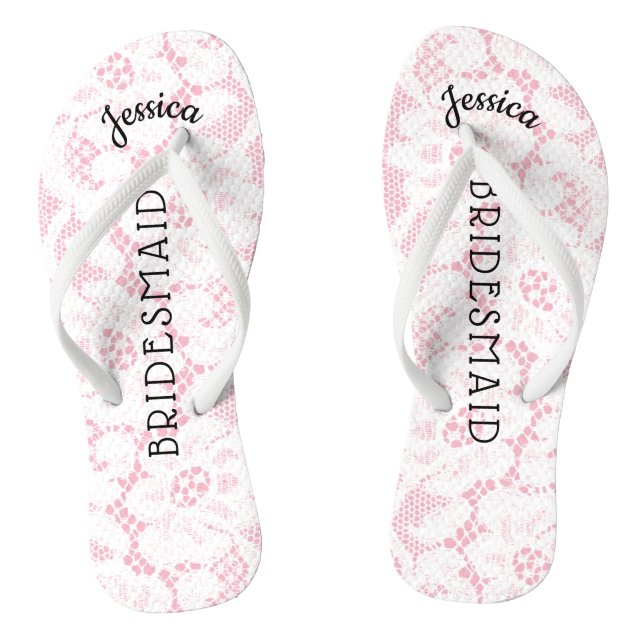 Bridesmaid Beach Wedding | Floral White Lace Pink Flip Flops (Footbed)