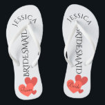 Bridesmaid Beach Wedding | Team Bride Flip Flops<br><div class="desc">Customised, romantic hearts beach wedding flip flop sandals- Scattered hearts design at bottom. Reads Team, then Bride, on other sandal in elegant style letters. Bridesmaid is printed down the middle in elegant, black letters. Change to fit bridal party members, such as flower girl or maid of honour. Personalised name at...</div>