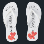 Bridesmaid Beach Wedding | Team Bride Flip Flops<br><div class="desc">Customised, romantic hearts beach wedding flip flop sandals- Scattered hearts design at bottom. Reads Team, then Bride, on other sandal in elegant style letters. Bridesmaid is printed down the middle in elegant, black letters. Change to fit bridal party members, such as flower girl or maid of honour. Personalised name at...</div>
