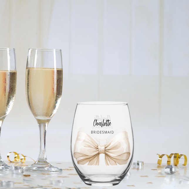 Bridesmaid beige cream bow stemless wine glass (Creator Uploaded)
