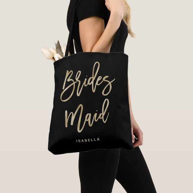Bridesmaid | Black and Gold Bridal Party Tote Bag (Close Up)