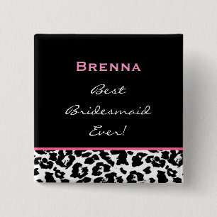 Bridesmaid Black White Pink Leopard Custom Name 15 Cm Square Badge