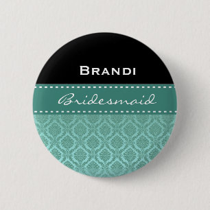 Bridesmaid Black White Teal Damask V2 6 Cm Round Badge