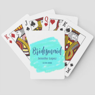 Bridesmaid blue green watercolor add name date sty playing cards