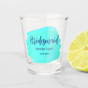 Bridesmaid blue green watercolor add name date sty shot glass