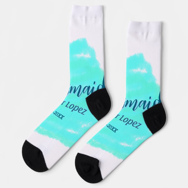 Bridesmaid blue green watercolor add name date sty socks (Left)