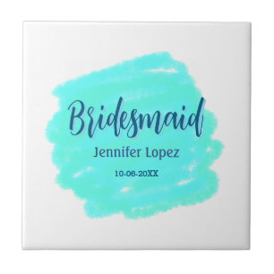 Bridesmaid blue green watercolor add name date sty tile