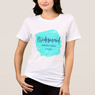 Bridesmaid blue green watercolor add name date sty Tri-Blend shirt
