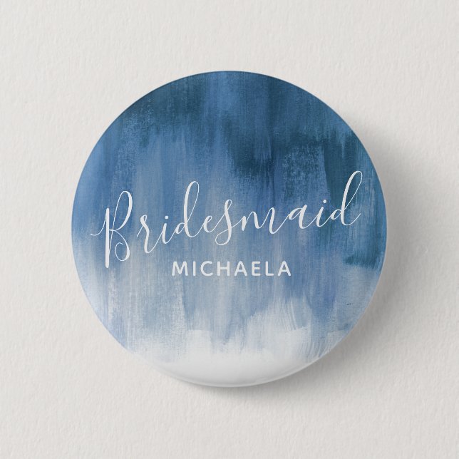 Bridesmaid blue grey abstract art wedding button (Front)
