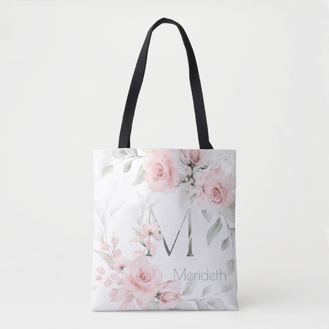 Bridesmaid Blush Pink Rose Monogram Letter M Tote Bag (Front)