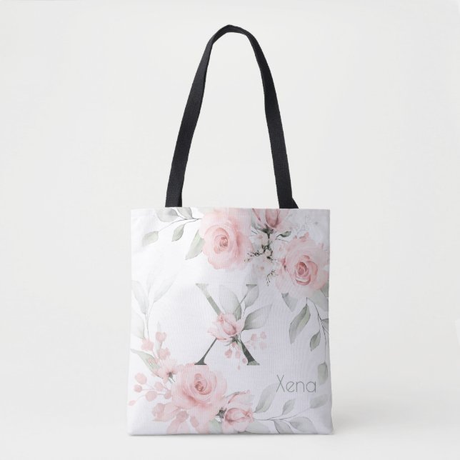 Bridesmaid Blush Pink Rose Monogram Letter X Tote Bag (Front)