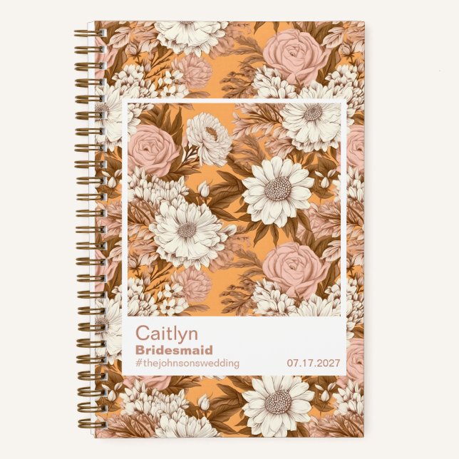 Bridesmaid Boho Orange and Peach Floral Pattern Notebook (Front)
