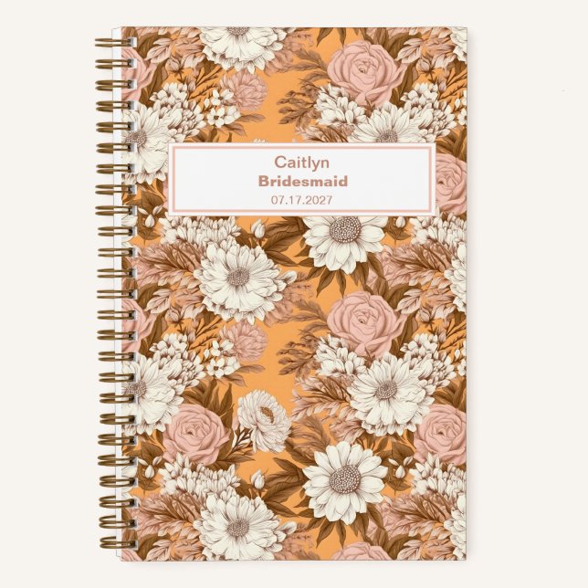 Bridesmaid Boho Orange and Peach Floral Pattern Notebook (Front)