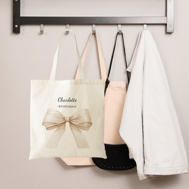 Bridesmaid bow beige cream name tote bag (Creator Uploaded)