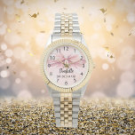 Bridesmaid bow blush pink name watch<br><div class="desc">A soft,  blush pink background. Decorated with a large bow.  Personalise and add your bridesmaid's name.   Black handwritten style script.</div>