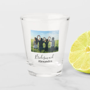 Bridesmaid bride squad name calligraphy photo gift shot glass