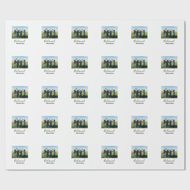 Bridesmaid bride squad name calligraphy photo gift wrapping paper (Flat)