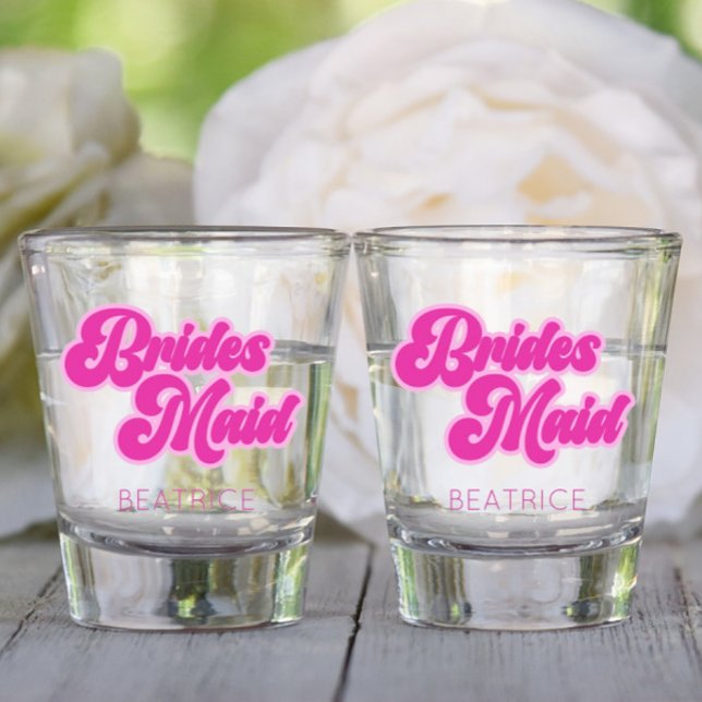 Bridesmaid Bubblegum Pink Retro Custom Name Shot Glass (Creator Uploaded)