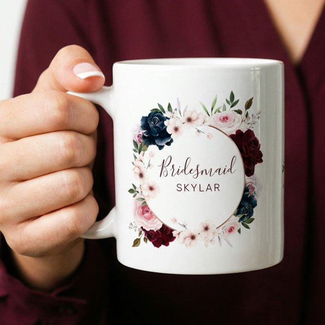 Bridesmaid Burgundy & Navy Rose Watercolor Wreath Coffee Mug (Bridesmaid Burgundy & Navy Rose Watercolor Wreath Coffee Mug)