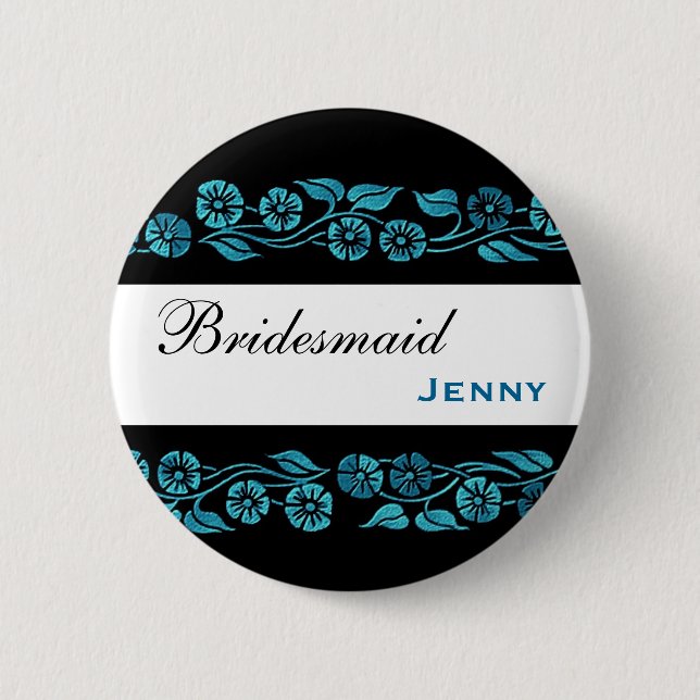 Bridesmaid Button Black with Blue Vintage Flowers (Front)