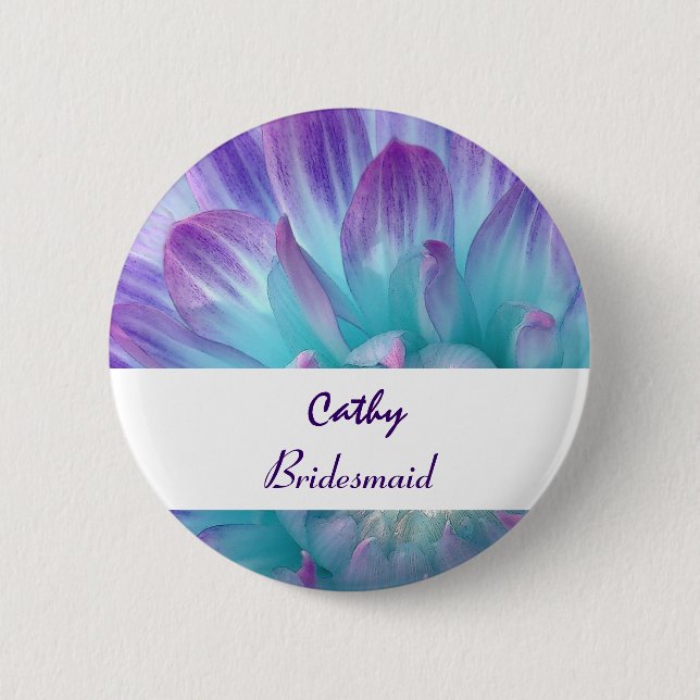 BRIDESMAID Button with AQUA PURPLE Dahlia V12 (Front)