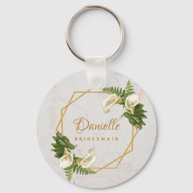 Bridesmaid Calla Lilies Marble Gold Geometric Key Ring (Front)
