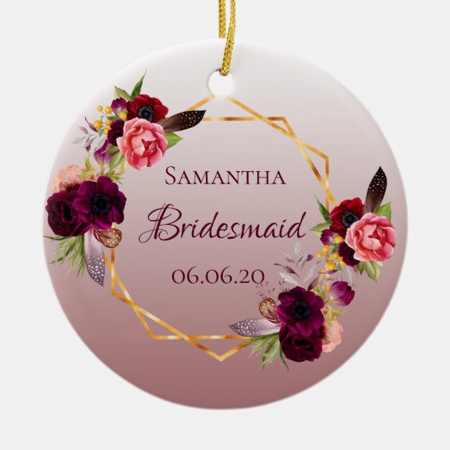 Bridesmaid cinnamon rose florals burgundy ceramic tree decoration (Front)