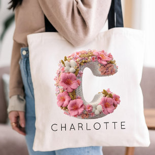 Bridesmaid   Coquette Floral Letter C Custom Name Tote Bag