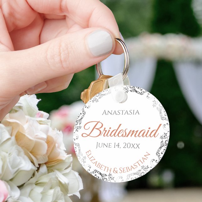 Bridesmaid Coral & Silver Lace White Wedding Gift Key Ring (Creator Uploaded)