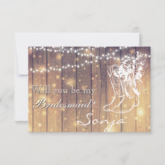 Bridesmaid - Cowboy boots, Wood with Lights Invitation (Front)
