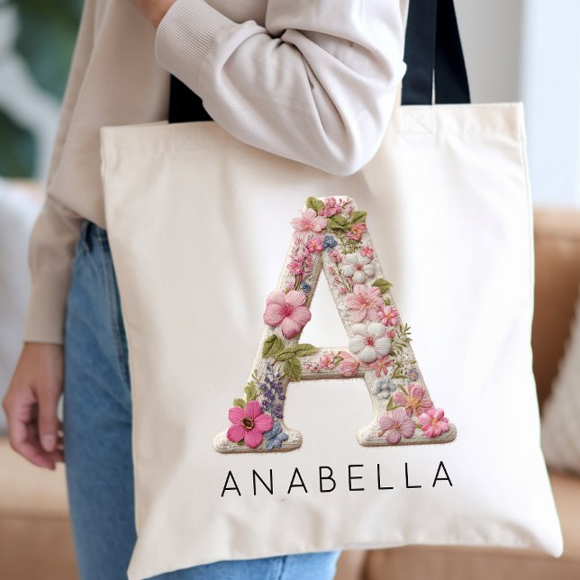Bridesmaid | Custom Monogram Floral Faux Effect Tote Bag (Cottagecore Flower Initial Bridesmaid Gift | Vintage Wildflower Alphabet Teacher Appreciation Bag)
