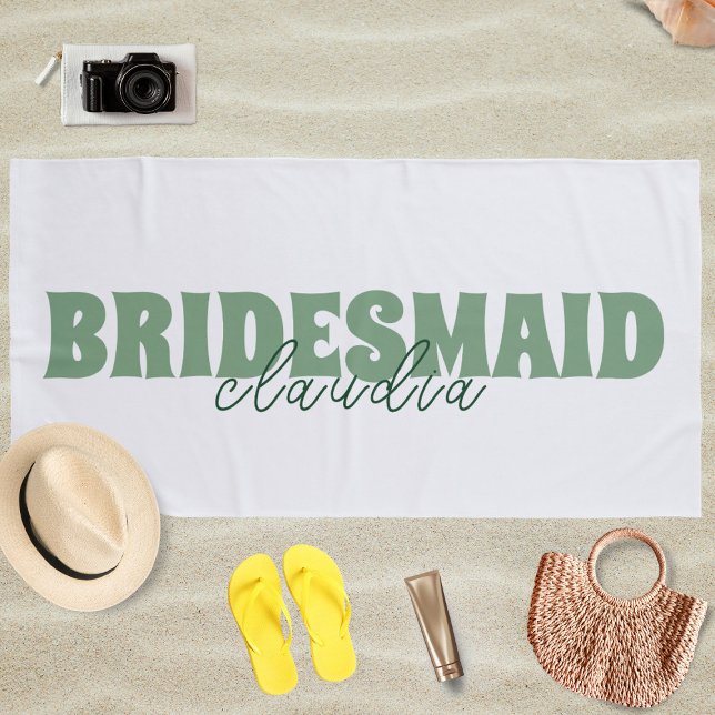 Bridesmaid Custom Name Girly White and Green Beach Towel (Creator Uploaded)