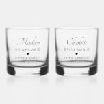 Bridesmaid Custom Personalised Name Wedding Party Whiskey Glass<br><div class="desc">Bridesmaid Custom Personalised Name Wedding Party Wiskey Glass Rocks Glass features your bridesmaid's name with the bridal couple's names and wedding date accented with a small love heart. Custom made for your bridesmaids. Makes a fabulous bridesmaid gift or wedding favour. Designed by ©2024 Evco Studio www.zazzle.com/store/evcostudio</div>