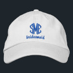 Bridesmaid Custom Wedding Monogrammed Baseball Cap<br><div class="desc">Surprise your bridesmaids with this cool baseball style cap that features their 3 letter monogram and the word bridesmaid below. Pictured above is a khaki cap with royal blue text but you can easily change the cap and text colours to match your wedding theme/colours. This makes an awesome bachelorette party...</div>