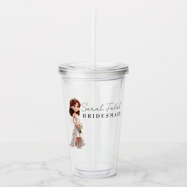 Bridesmaid | Cute Cartoon Bride with script  Acrylic Tumbler (Front)