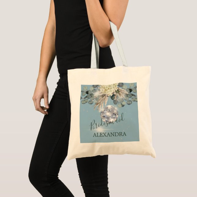 Bridesmaid Disco Ball Floral Blue Eucalyptus  Tote Bag (Front (Product))