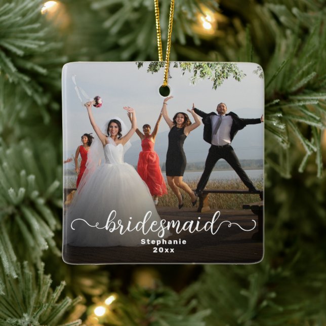 Bridesmaid Double Sided Curly Script Overlay Photo Ceramic Ornament (Tree)
