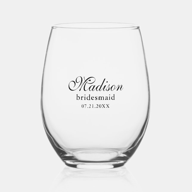Bridesmaid Elegant Black Script Typography Stemless Wine Glass (Front)